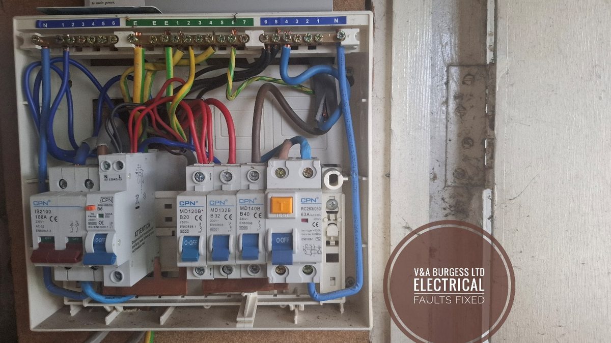 Burnt main switch inside a consumer unit at a house in Aigburth, Liverpool