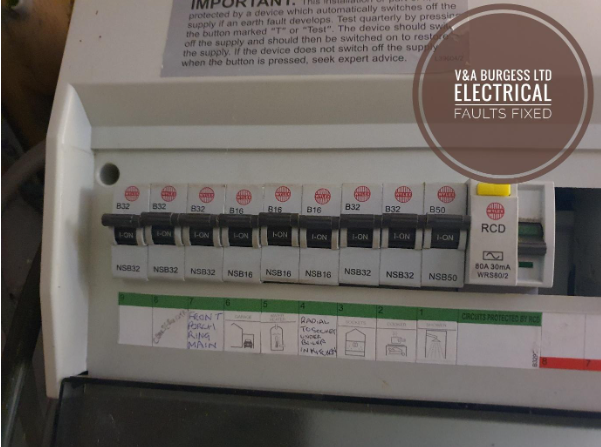 An RCD in a consumer unit. Large Dangerous Hole in front of consumer unit